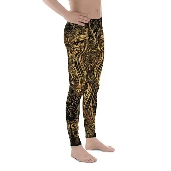 Art Deco Men's Leggings: Owl Design, Moisture-Wicking, Quick-Drying