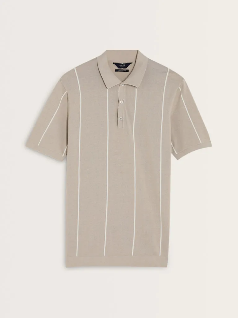 Ascot Beige Stripe Printed Relaxed-Fit Cotton Polo T-Shirt