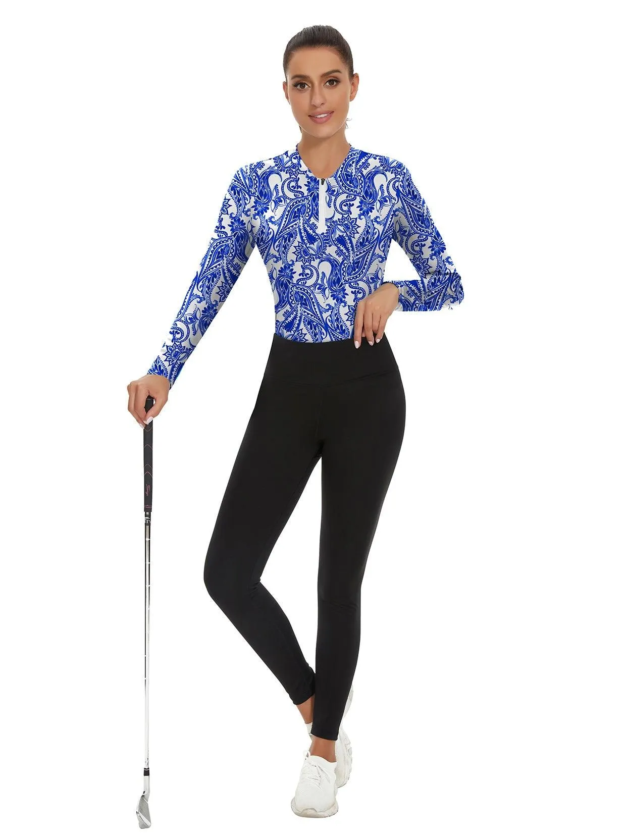 Blue Paisley Quarter-Zip Long-sleeve Golf Shirt for Women