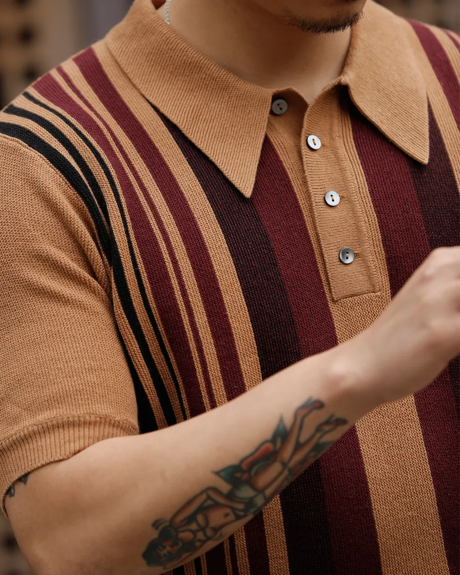 Camel Striped Knit Polo Shirt