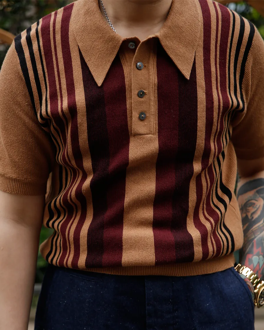 Camel Striped Knit Polo Shirt