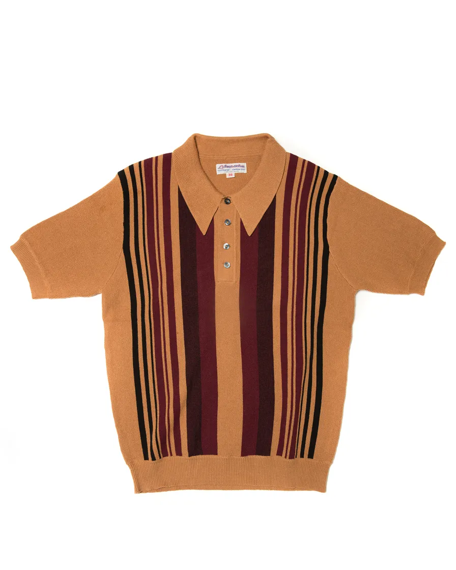 Camel Striped Knit Polo Shirt