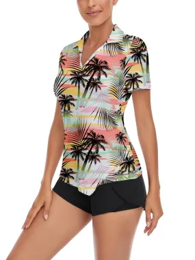 Colorful Background Coconut Trees Short Sleeve Golf Shirt for Women