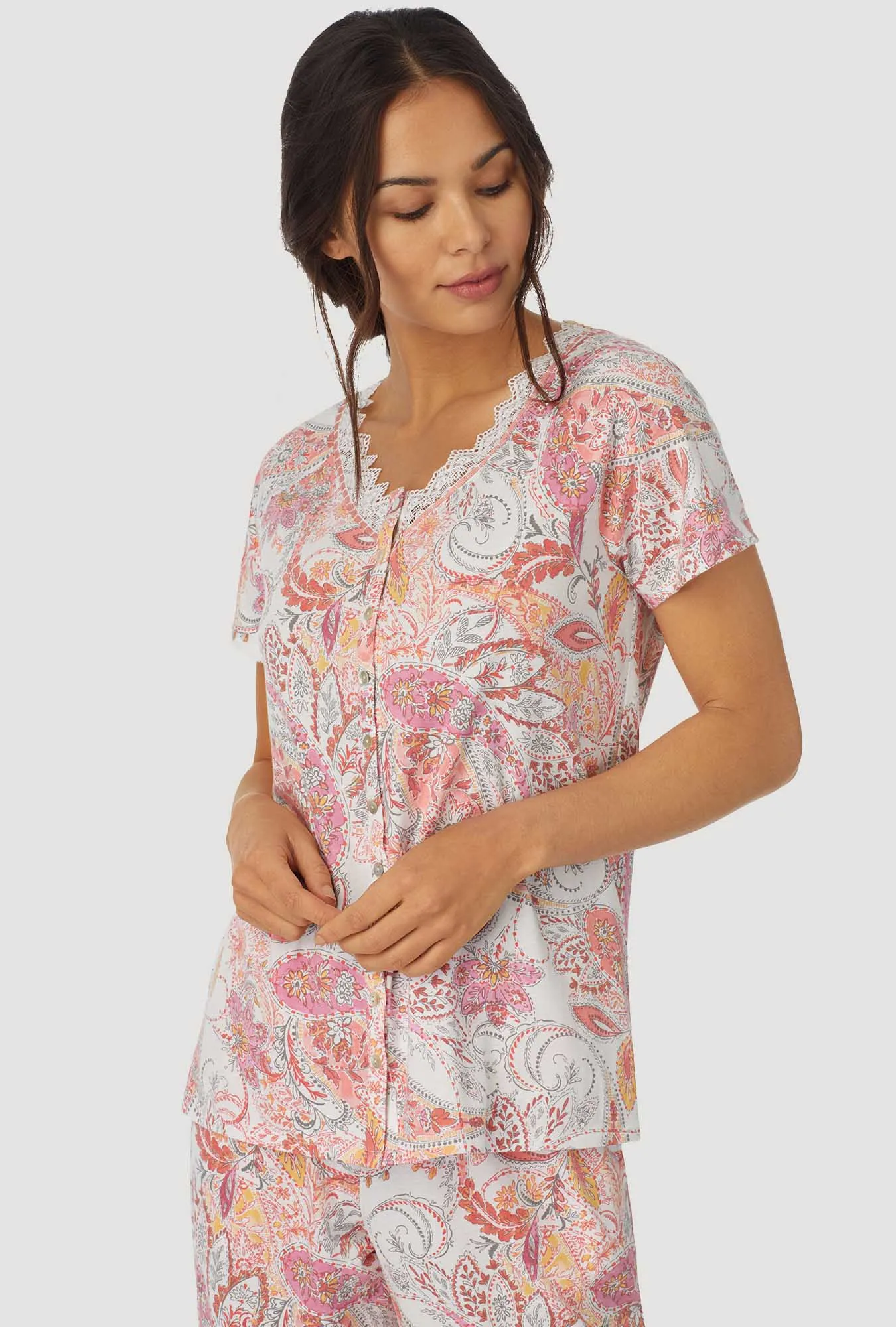 Coral Paisley Short Sleeve Capri PJ Set