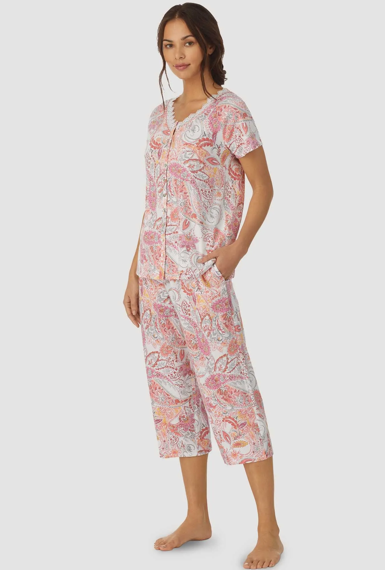 Coral Paisley Short Sleeve Capri PJ Set