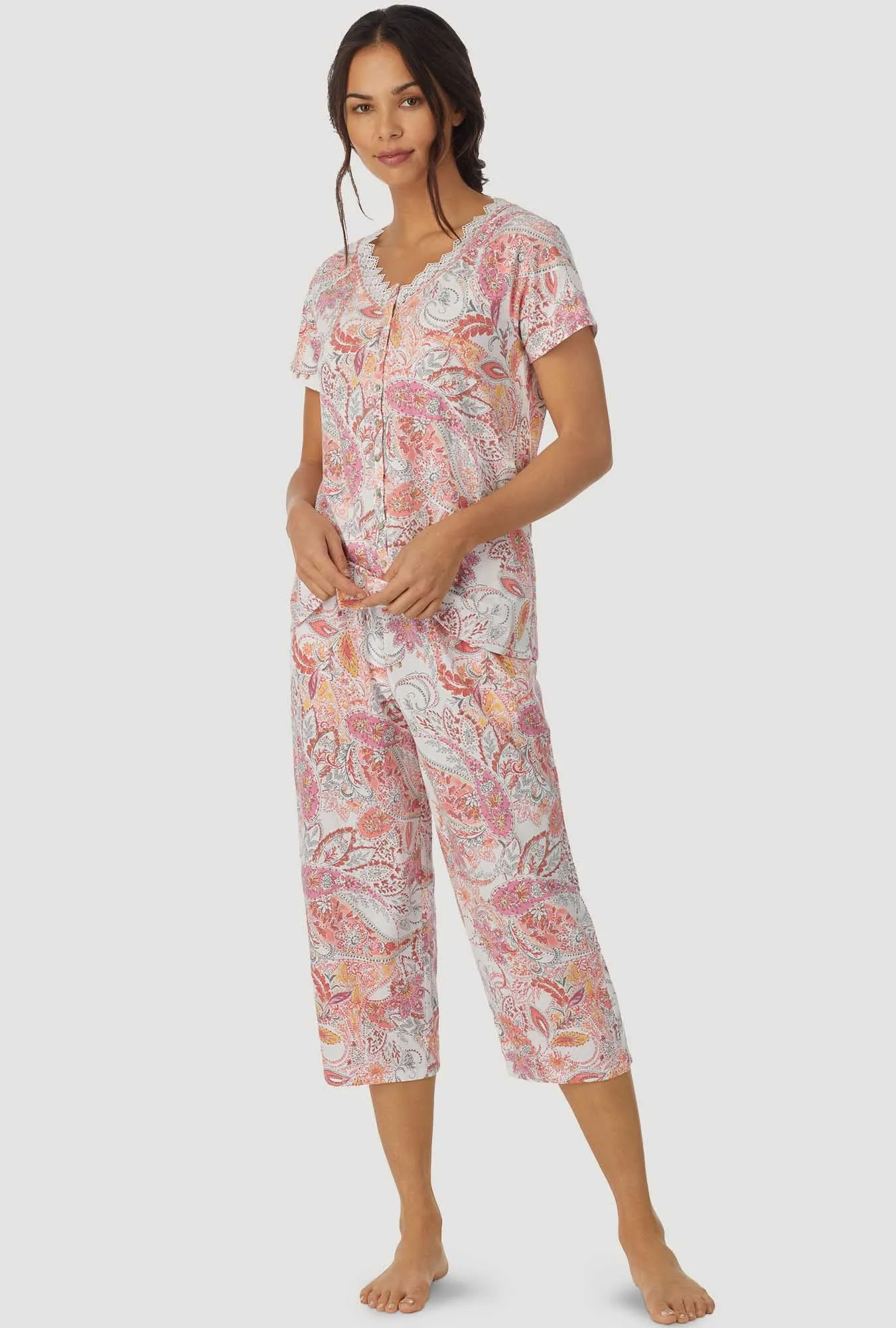 Coral Paisley Short Sleeve Capri PJ Set