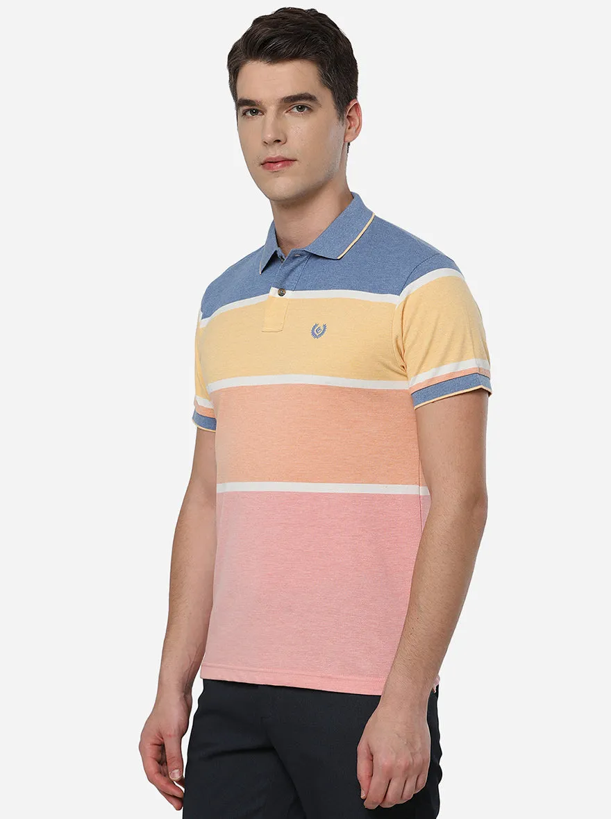 Coral Peach Striped Slim Fit Polo T-Shirt | Greenfibre