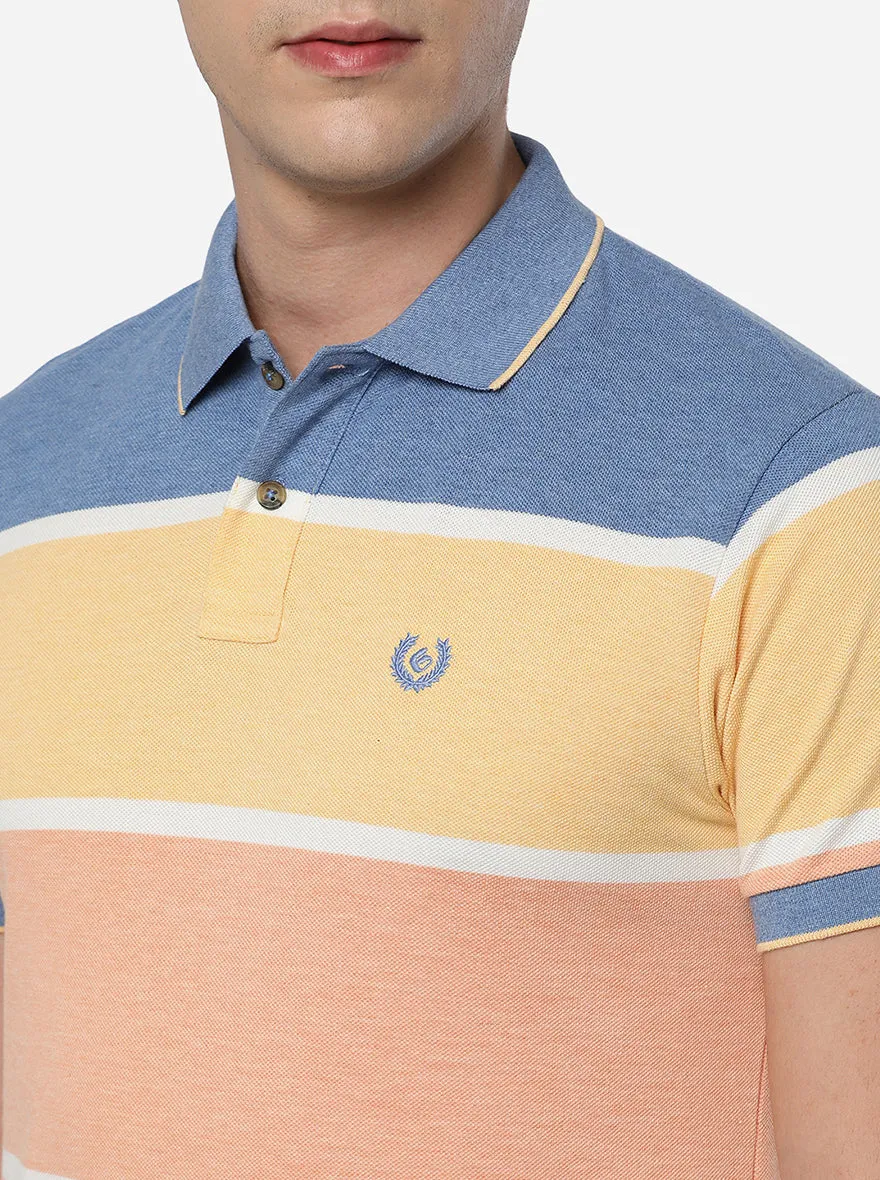 Coral Peach Striped Slim Fit Polo T-Shirt | Greenfibre