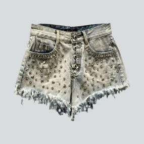 Diamond rhinestone distressed denim shorts