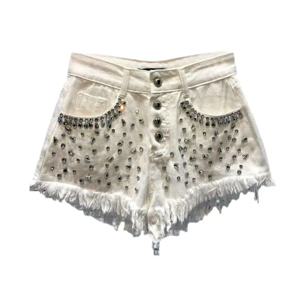 Diamond rhinestone distressed denim shorts