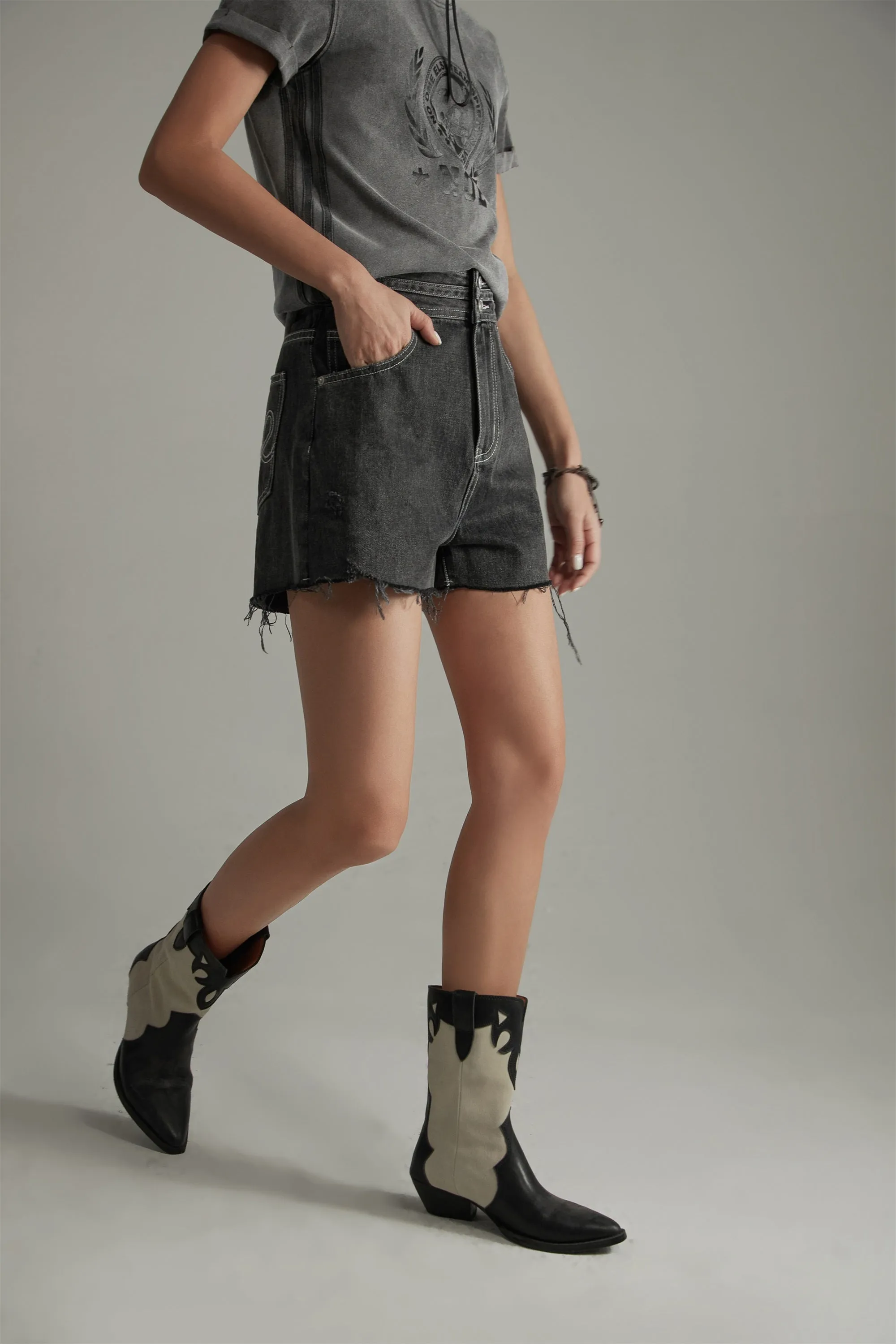 Distressed Raw Hem Double Button Denim Shorts