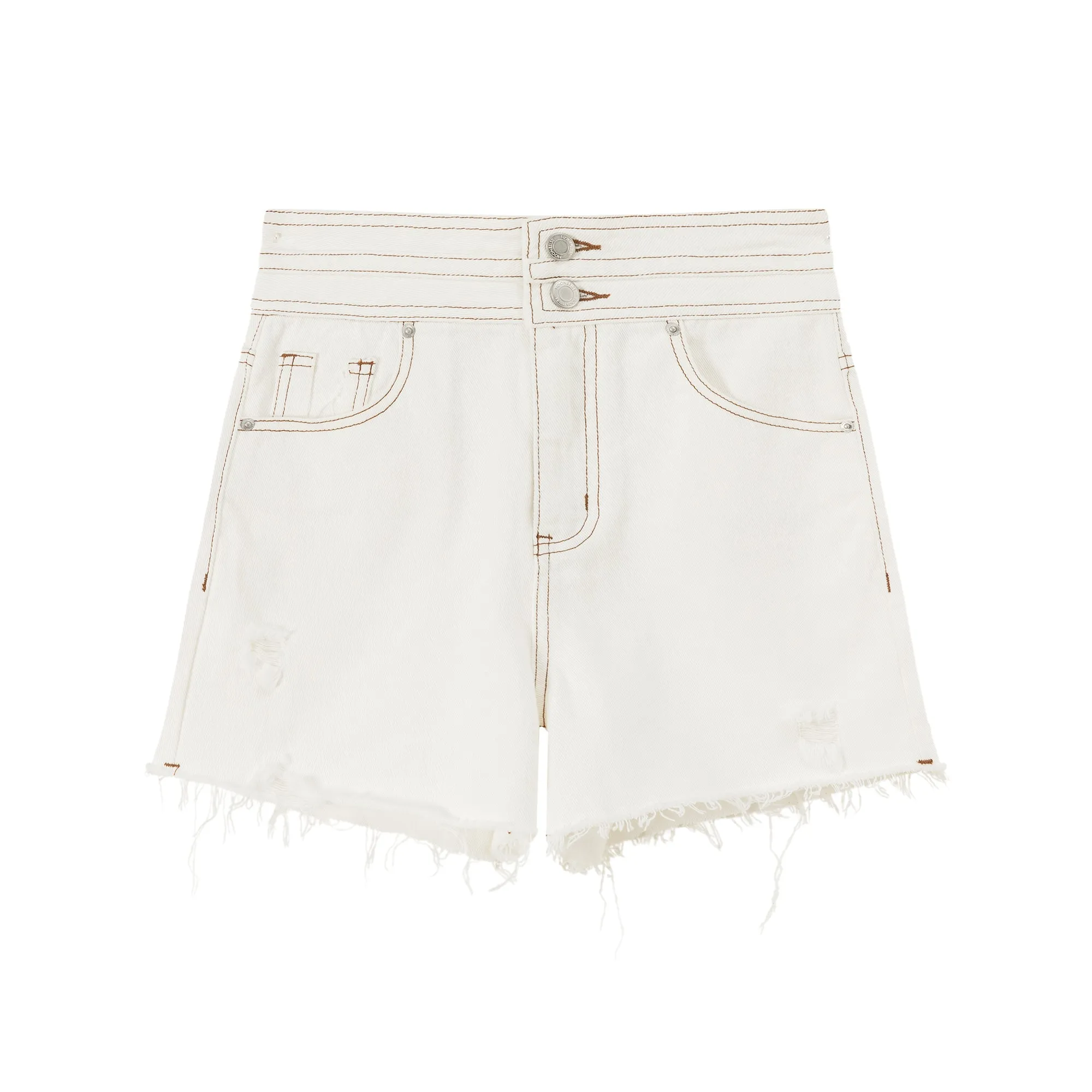 Distressed Raw Hem Double Button Denim Shorts