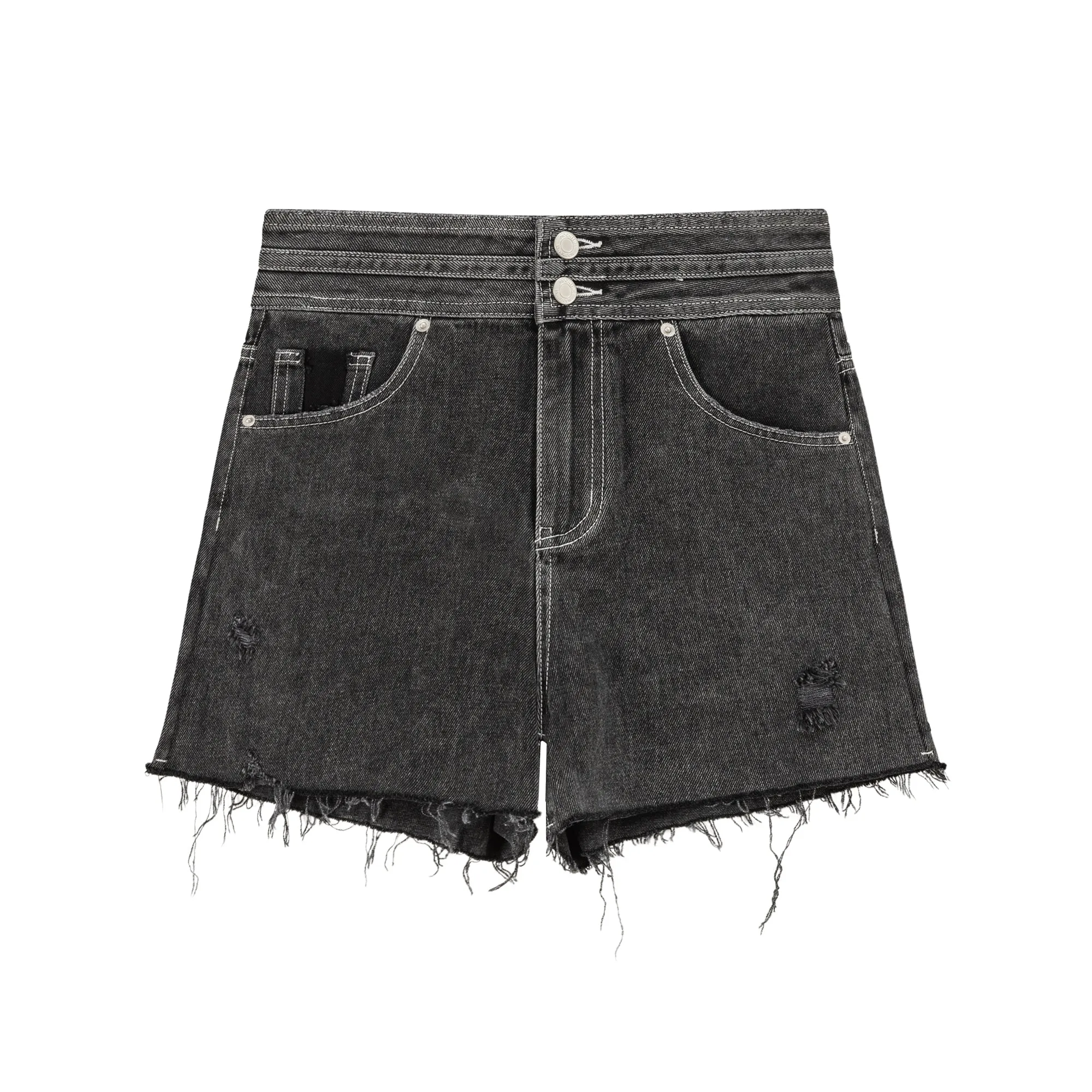 Distressed Raw Hem Double Button Denim Shorts