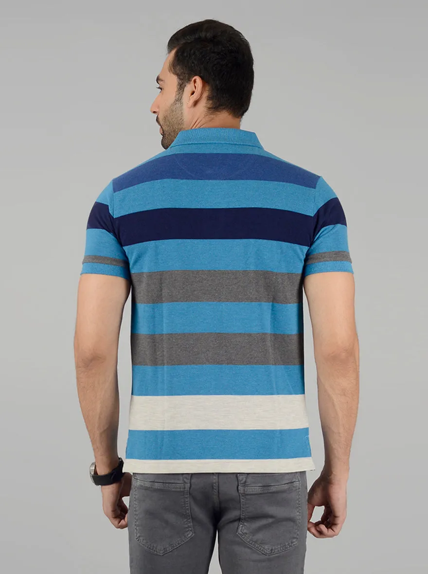 Ecru & Blue Striped Slim Fit Polo T-Shirt | Greenfibre