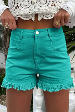 Frayed Turquoise Mid Rise Denim Shorts