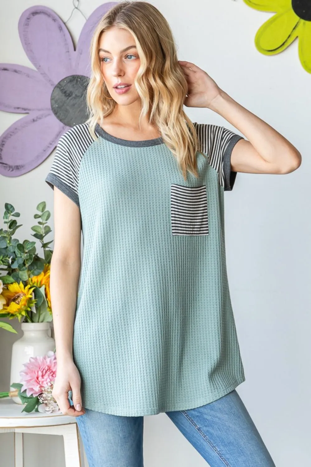 Full Size Striped Short Sleeve Waffle T-Shirt