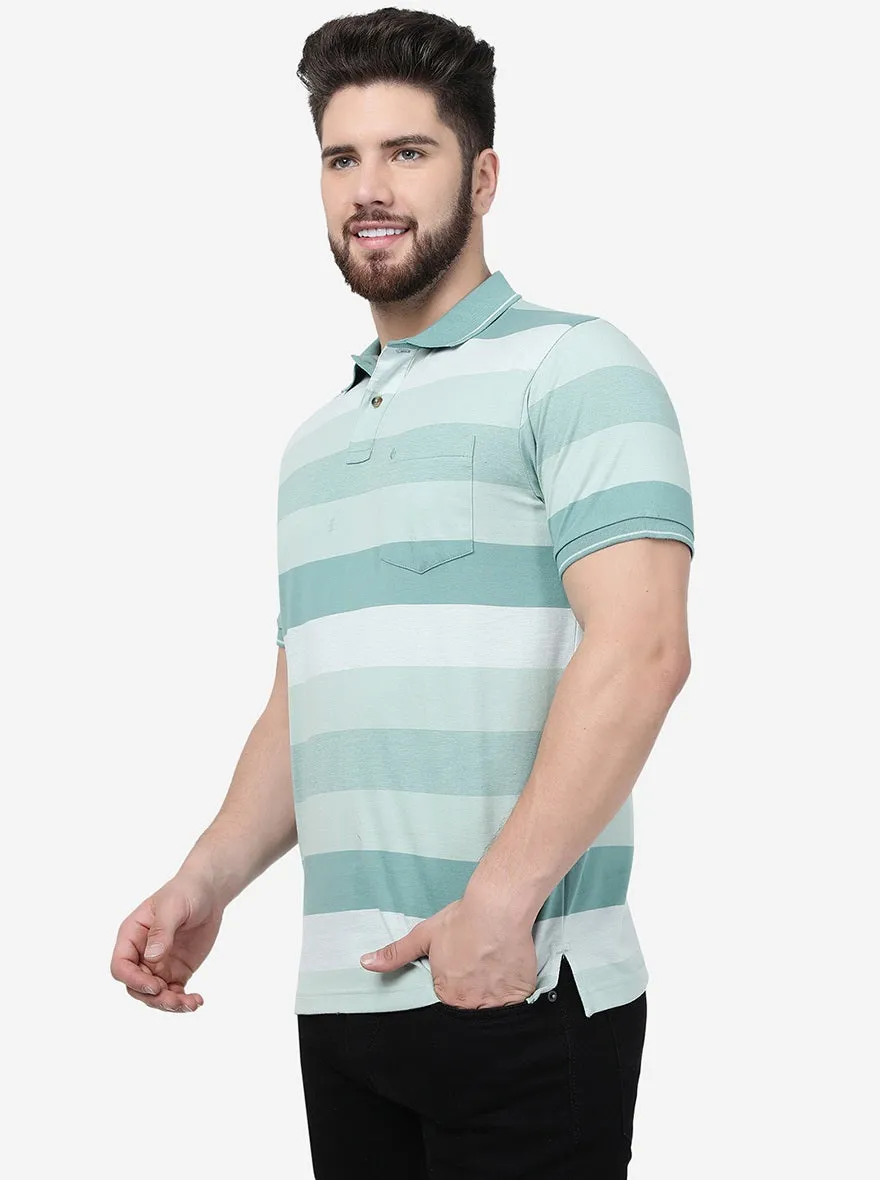 Green Striped Slim Fit Polo T-Shirt | Greenfibre