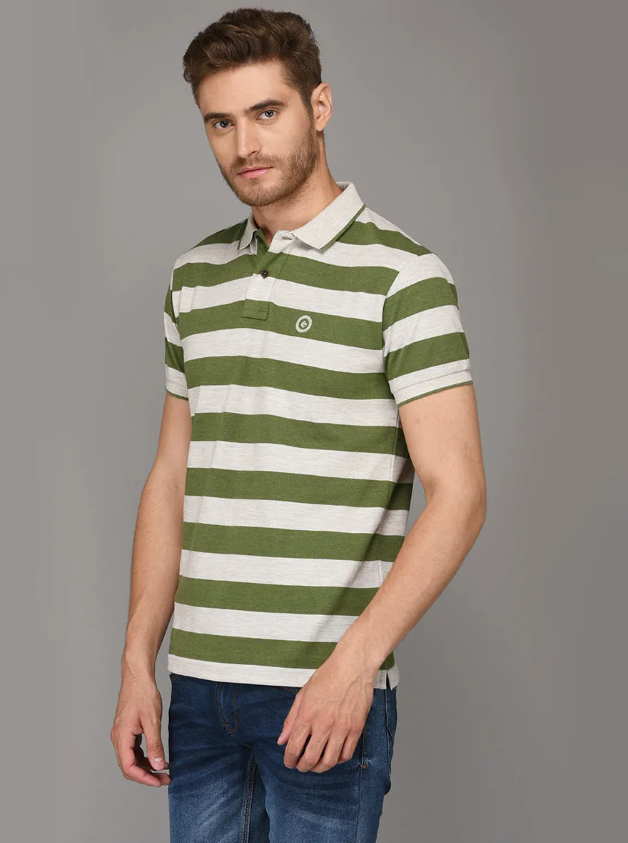 Greenfibre Dark Green & Grey Striped Slim Fit Polo T-Shirt