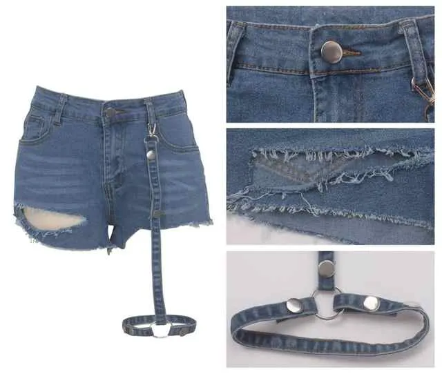 Harness distressed cutout denim shorts