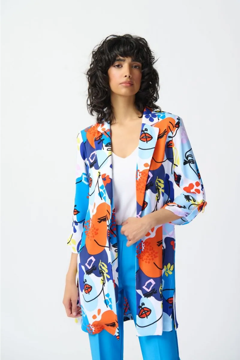 Joseph Ribkoff Vanilla/Multi Abstract Face Print Longline Blazer Jacket 241146