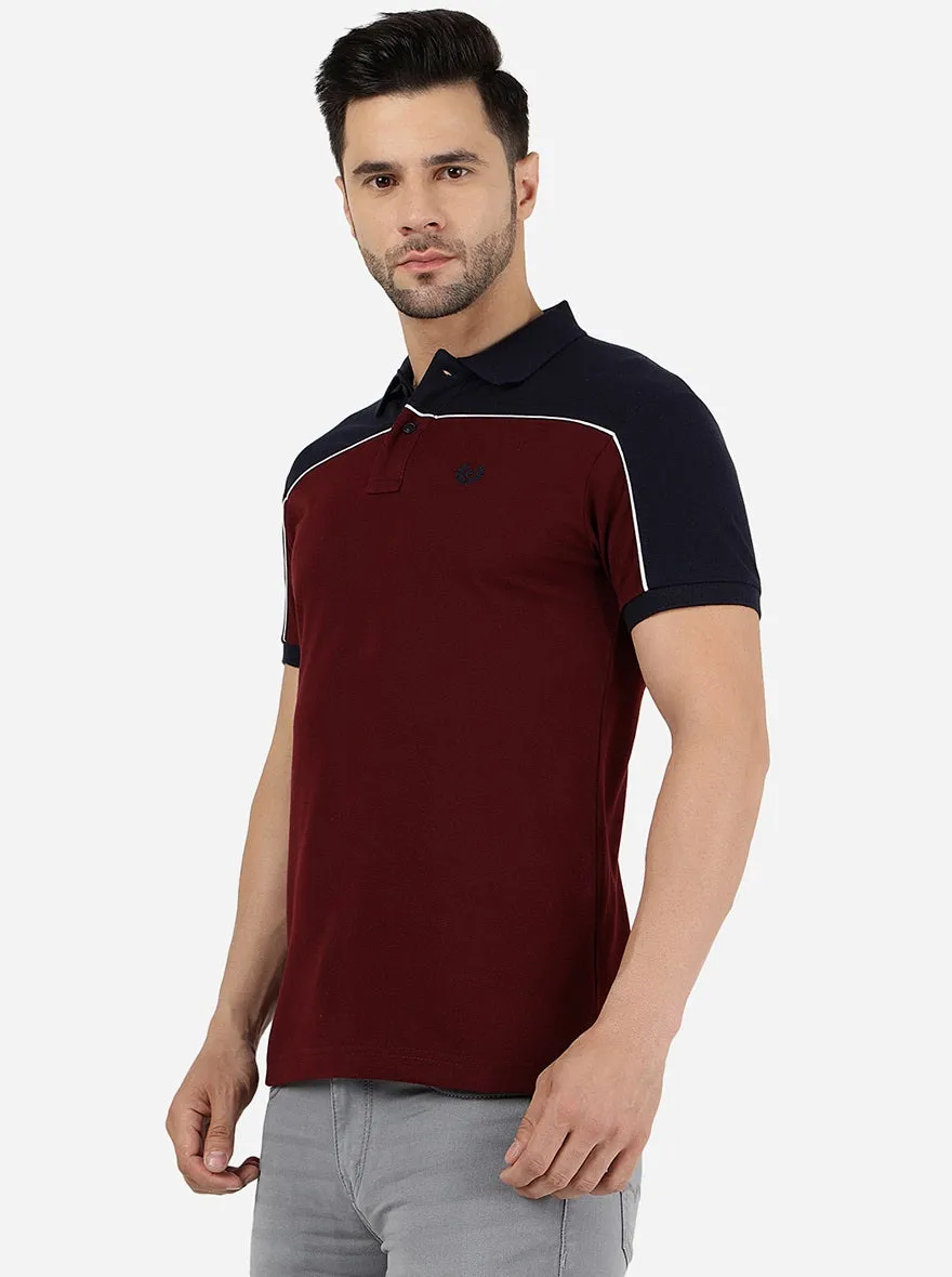 Maroon & Navy Blue Striped Slim Fit Polo T-Shirt | Greenfibre