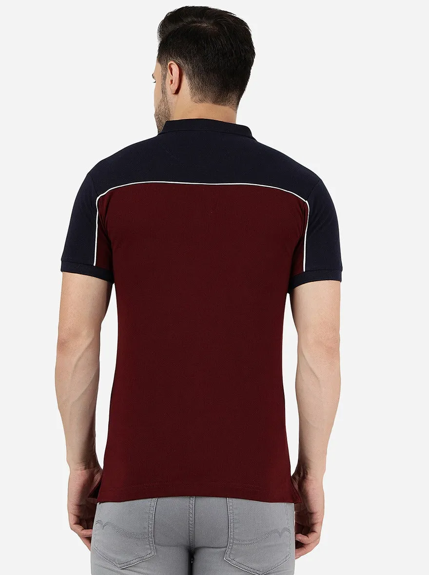 Maroon & Navy Blue Striped Slim Fit Polo T-Shirt | Greenfibre