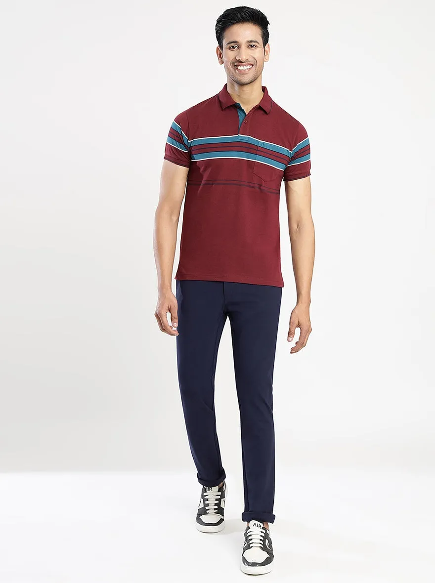 Maroon Striped Slim Fit Polo T-Shirt | Greenfibre