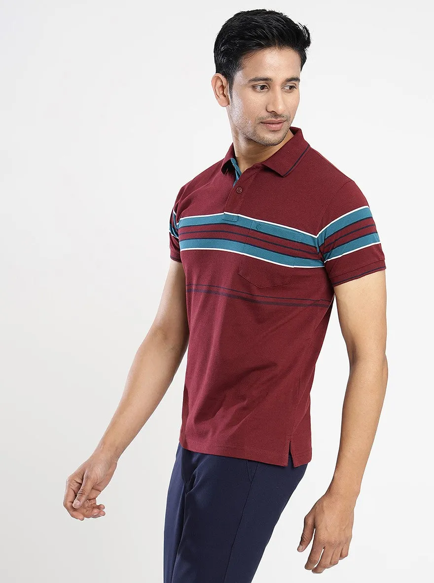 Maroon Striped Slim Fit Polo T-Shirt | Greenfibre