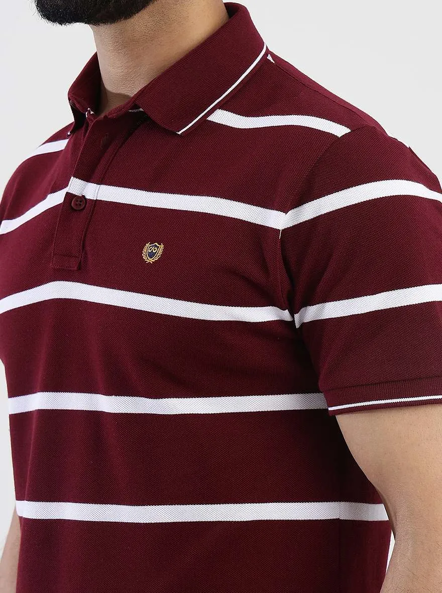 Maroon Striped Slim Fit Polo T-Shirt | JadeBlue