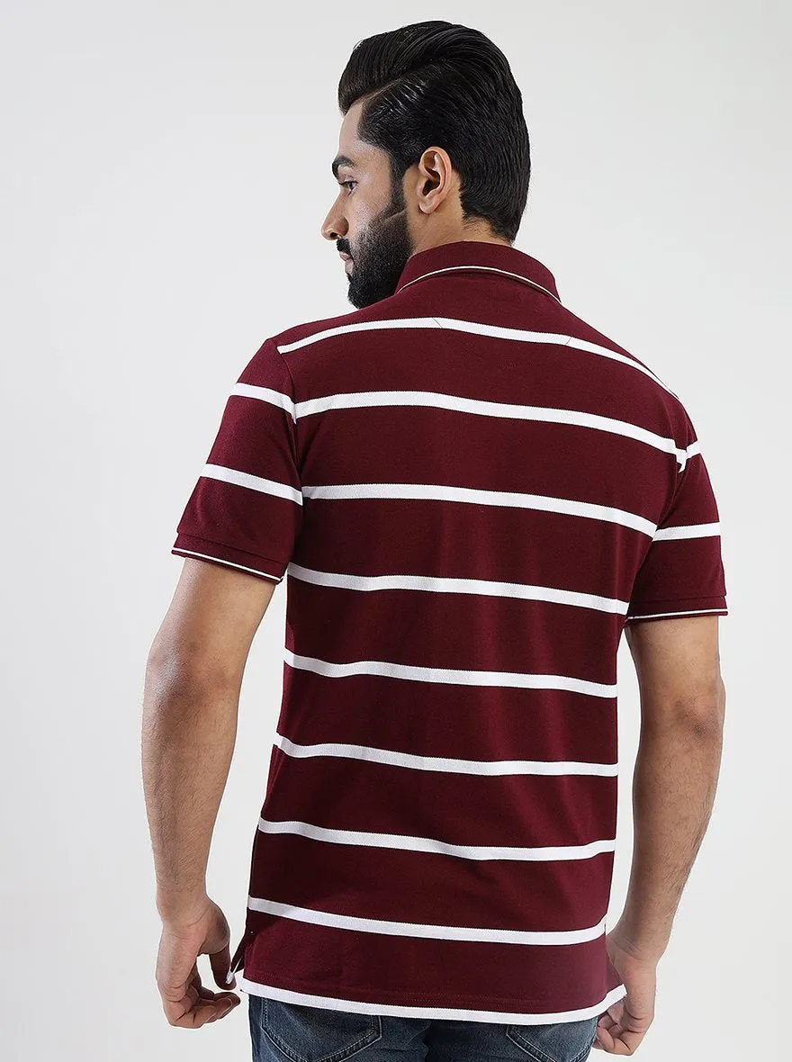 Maroon Striped Slim Fit Polo T-Shirt | JadeBlue