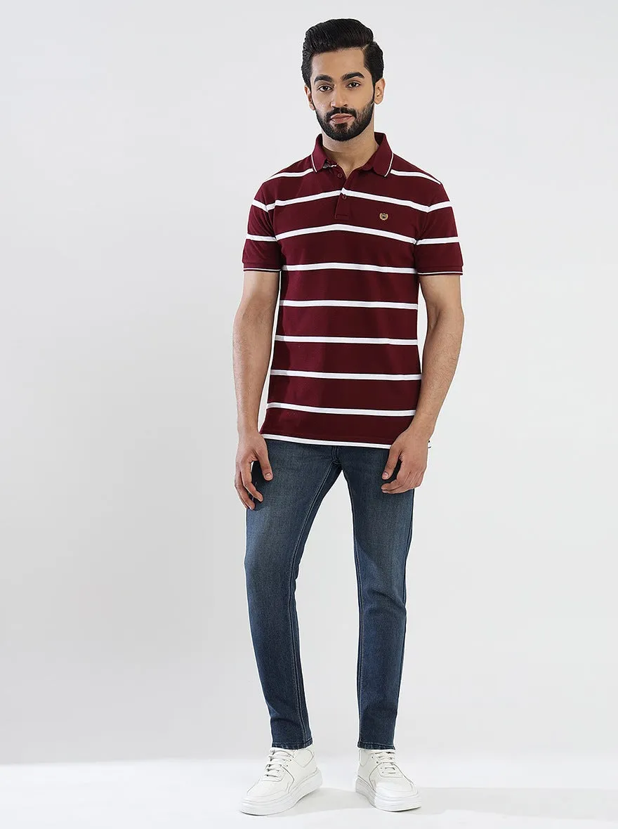 Maroon Striped Slim Fit Polo T-Shirt | JadeBlue