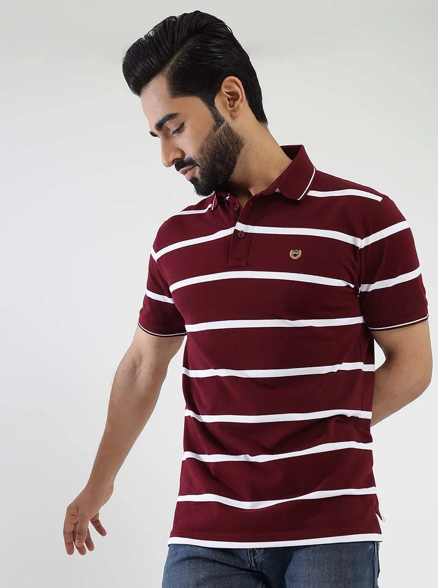 Maroon Striped Slim Fit Polo T-Shirt | JadeBlue