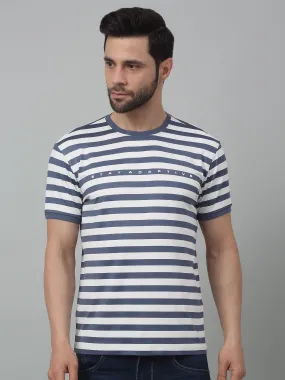 Men's Grey Stripe Round neck Half Sleeve T-Shirt with Typographic print