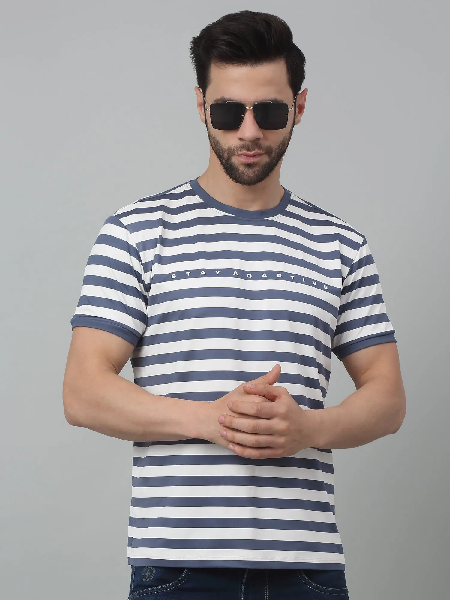 Men's Grey Stripe Round neck Half Sleeve T-Shirt with Typographic print