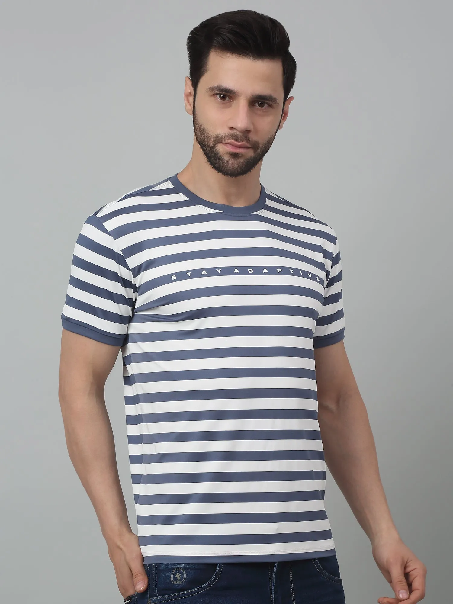 Men's Grey Stripe Round neck Half Sleeve T-Shirt with Typographic print