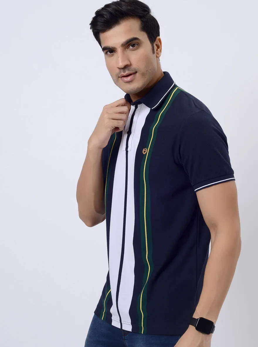 Navy Blue & Green Striped Slim Fit Polo T-Shirt | JadeBlue