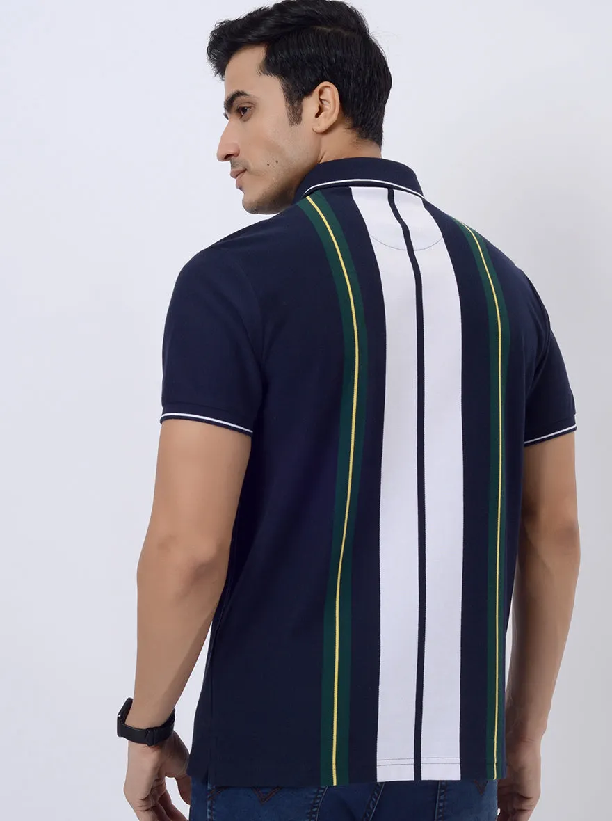 Navy Blue & Green Striped Slim Fit Polo T-Shirt | JadeBlue