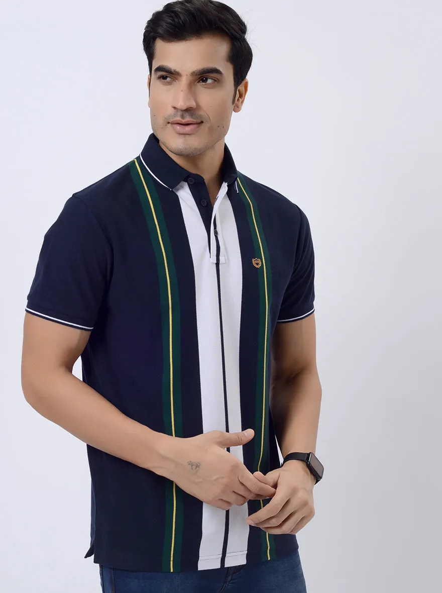 Navy Blue & Green Striped Slim Fit Polo T-Shirt | JadeBlue