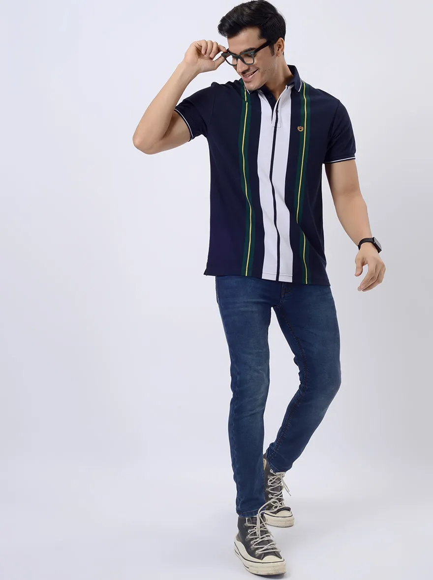 Navy Blue & Green Striped Slim Fit Polo T-Shirt | JadeBlue