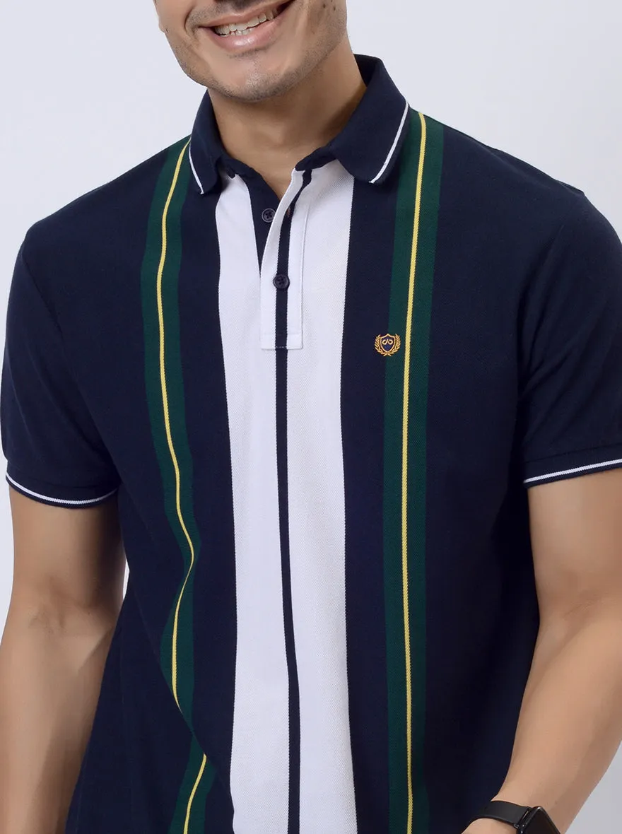 Navy Blue & Green Striped Slim Fit Polo T-Shirt | JadeBlue