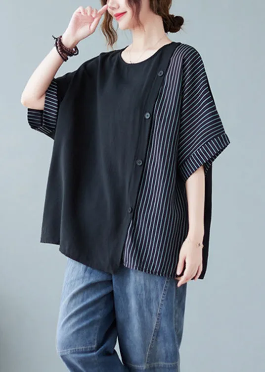 Novelty Black O-Neck Striped Patchwork Button Cotton T Shirts Half Sleeve