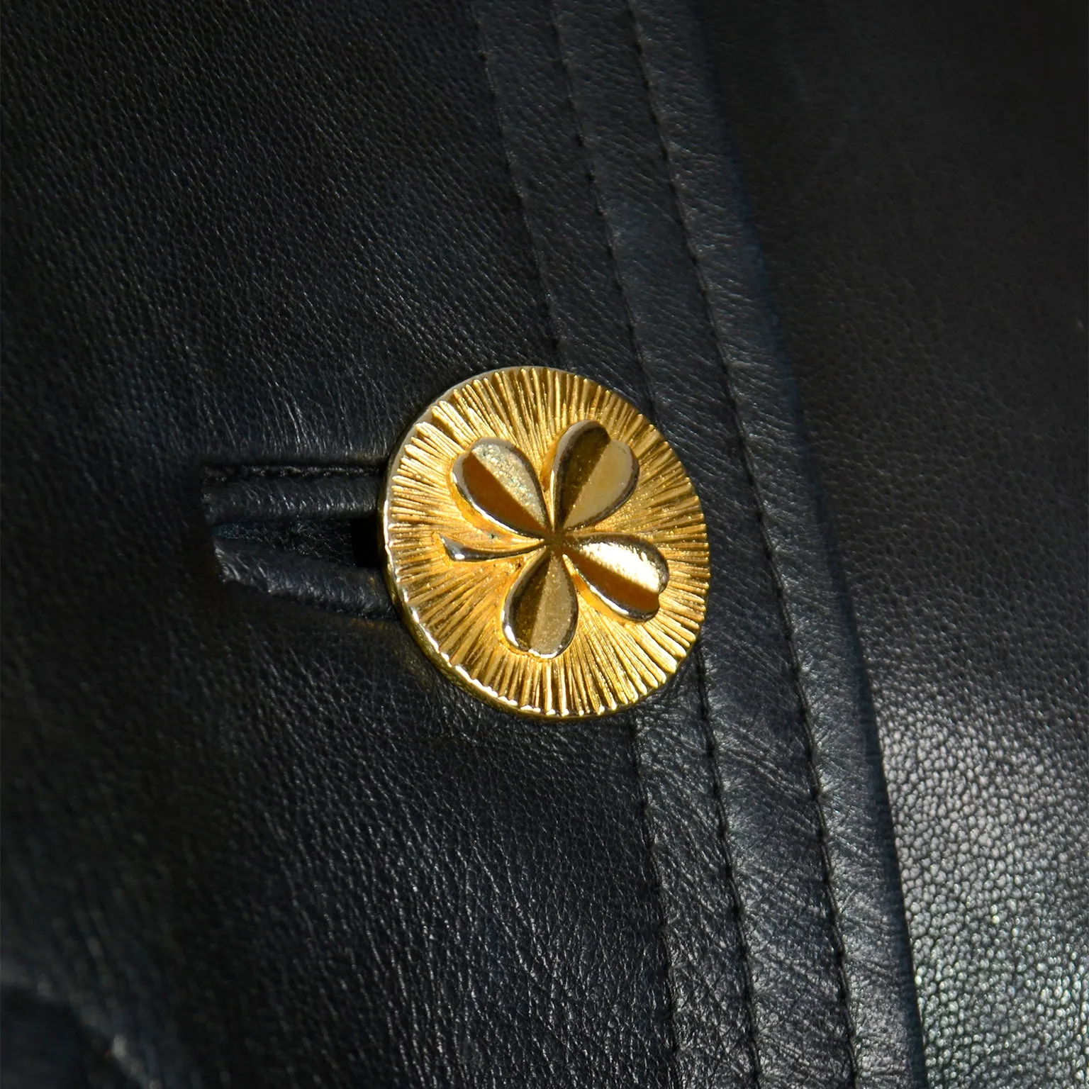 ON HOLD // Vintage Chanel Black Leather Jacket With 4 Gold Leaf Clover Buttons