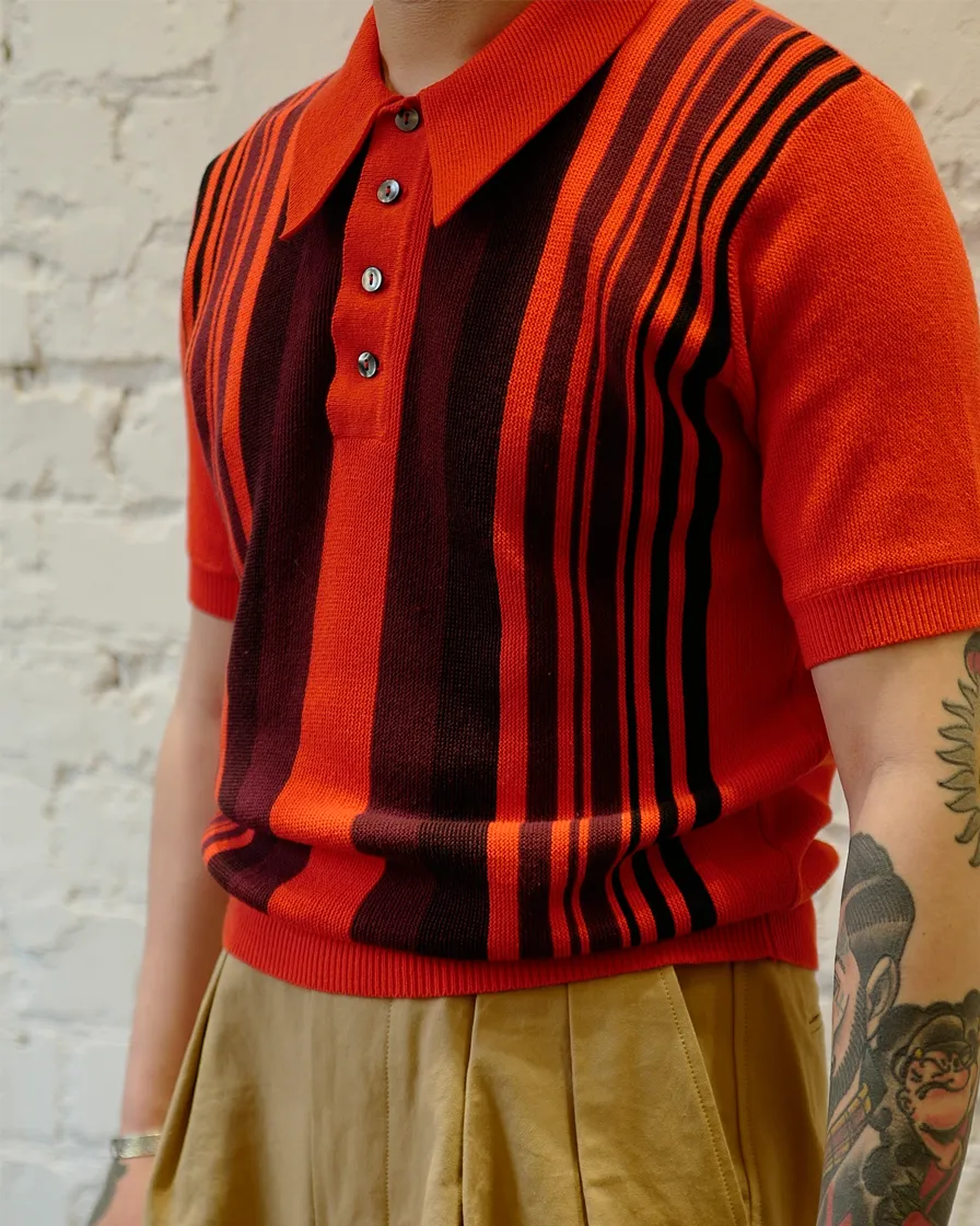 Orange Striped Knit Polo Shirt