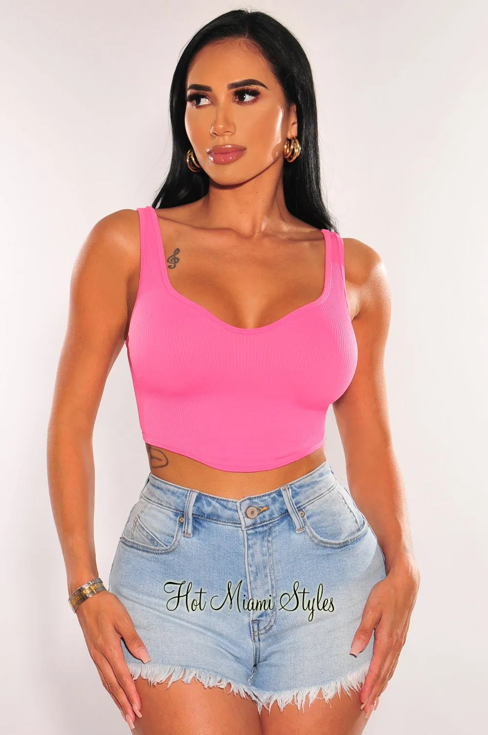 Pink Ribbed Seamless Curved Hem Sleeveless Top