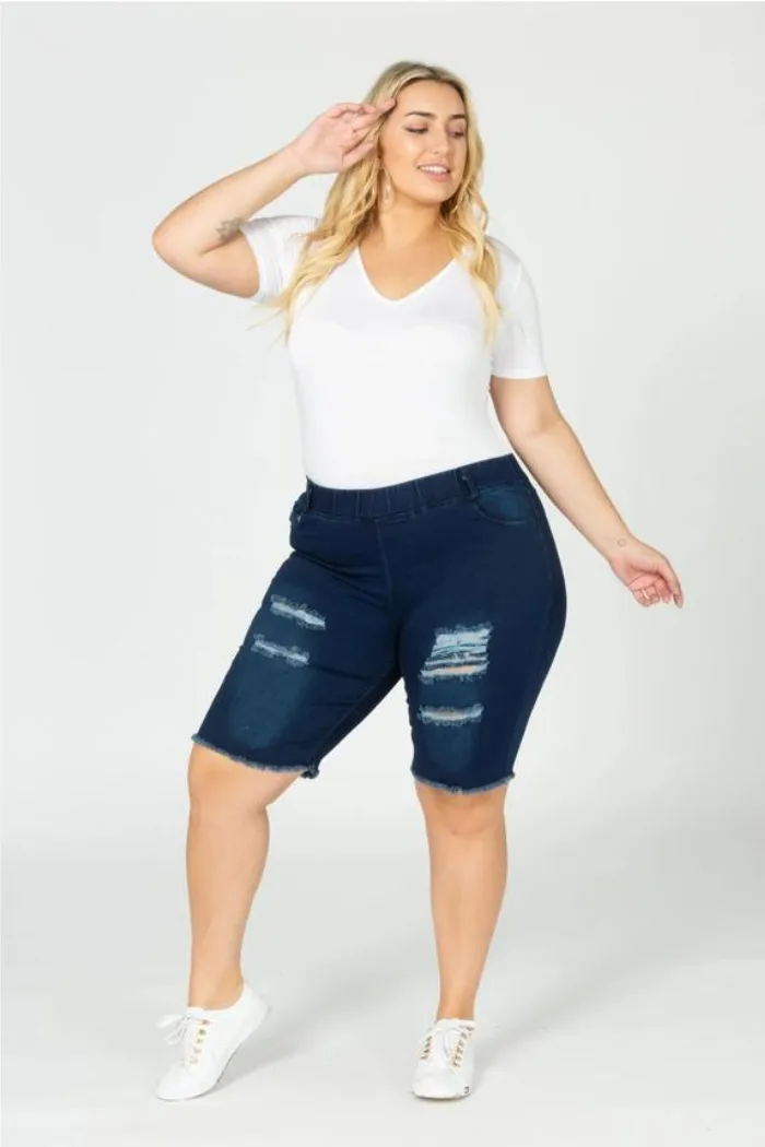 Plus Size Pull-On Super Stretch Distressed Bermuda Short