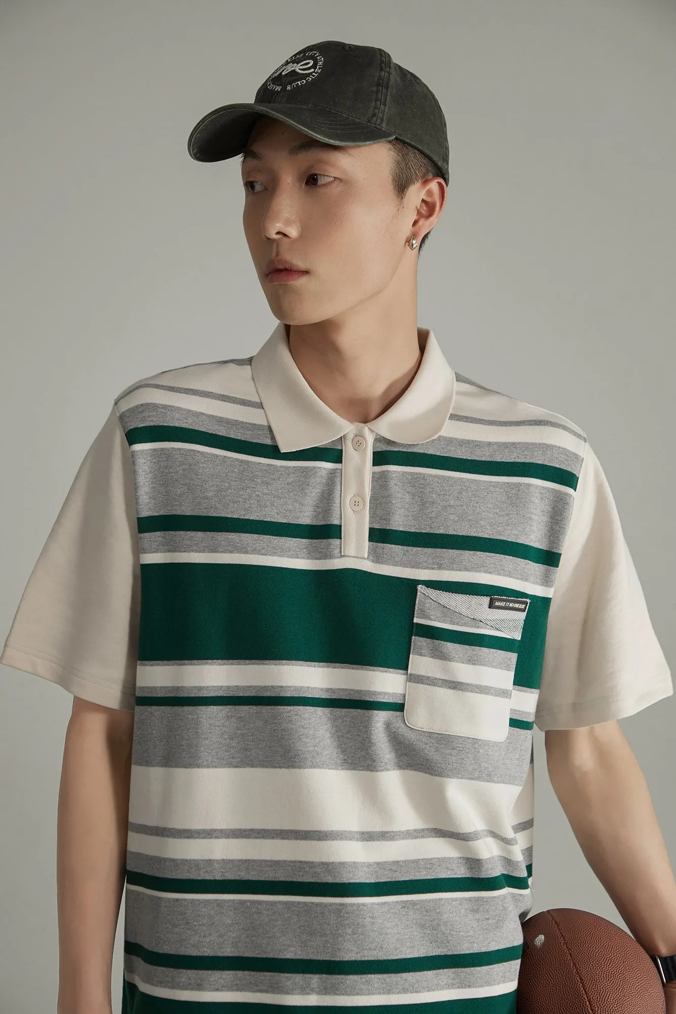 Polo Neck Striped Loose Fit T-Shirt