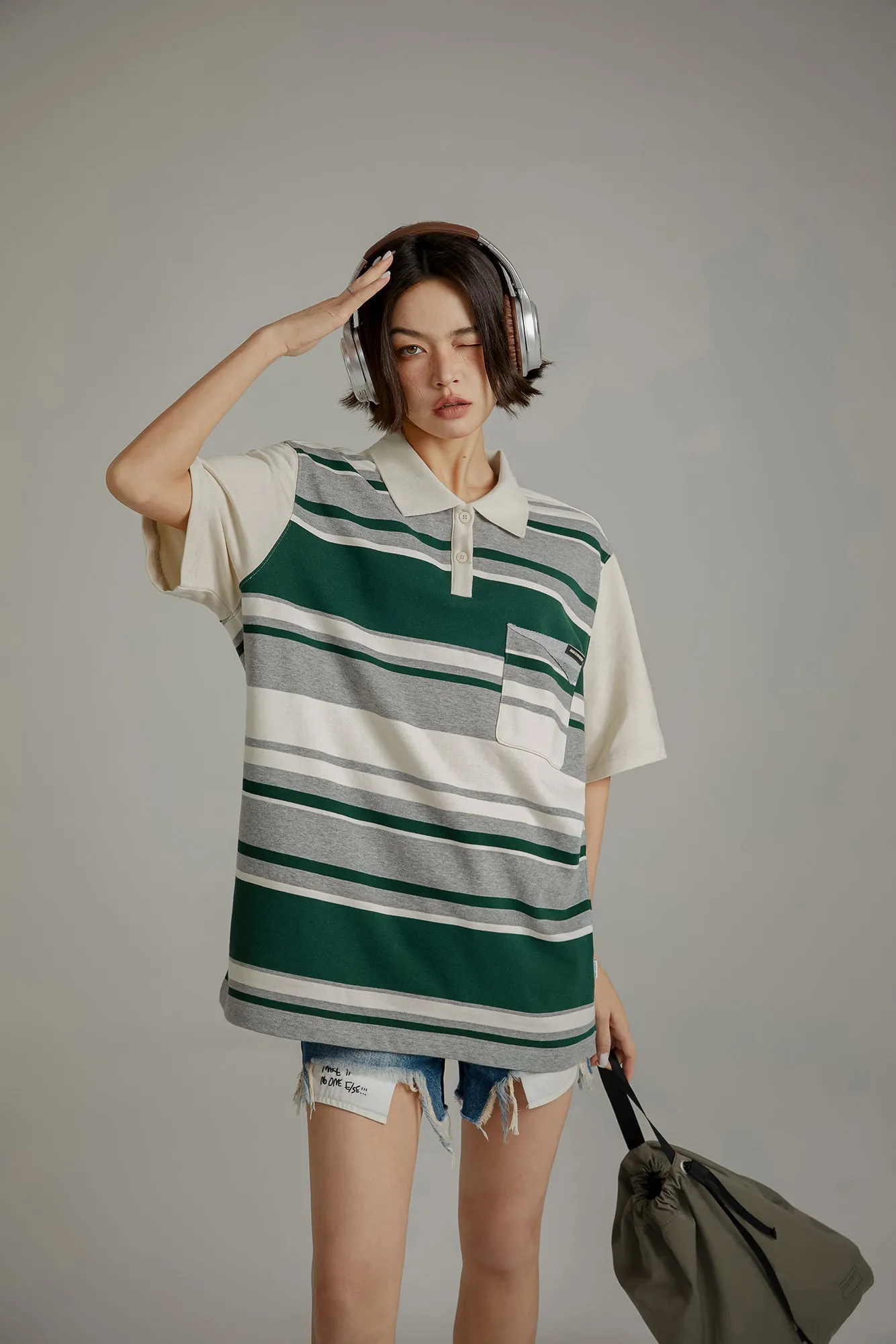 Polo Neck Striped Loose Fit T-Shirt