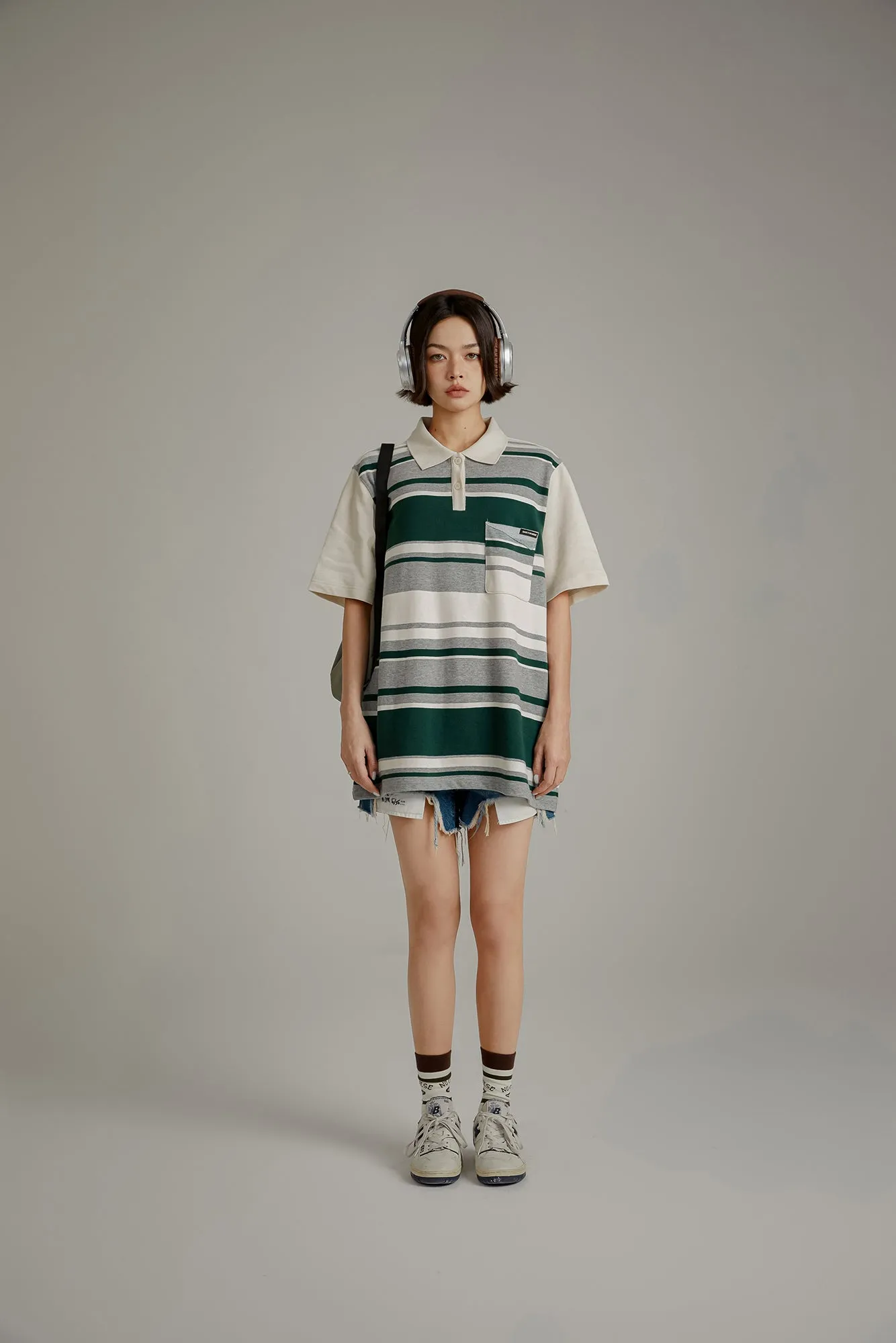 Polo Neck Striped Loose Fit T-Shirt