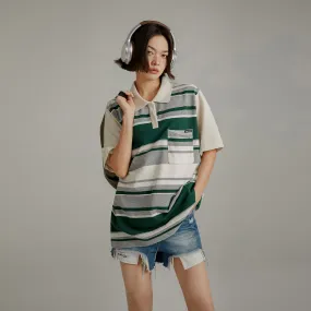 Polo Neck Striped Loose Fit T-Shirt