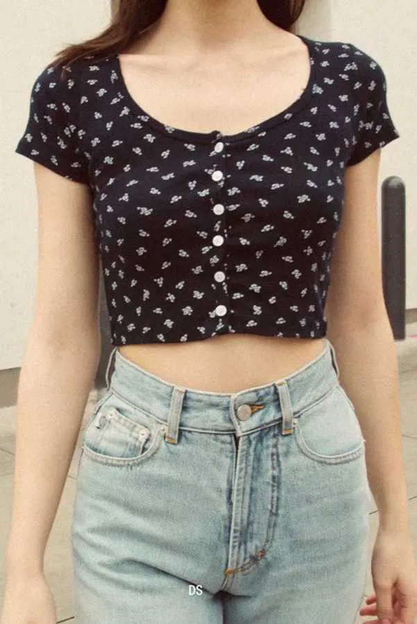 Ribbed Floral Short Sleeve Button Up Crop Top Tee Shirt